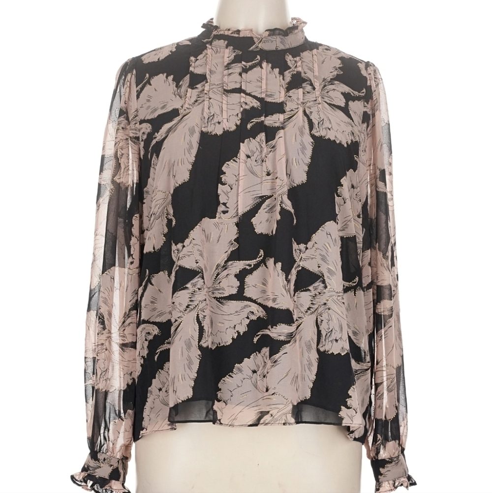 MELLODAY Black Pink Floral Gold Accents Blouse Top Flowy Boho Size Medium NWT
